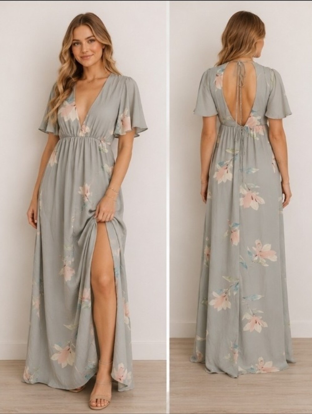 NWT Show Me Your Mumu Faye Flutter Sleeve Maxi Dress, Lily Showers, Sz XS